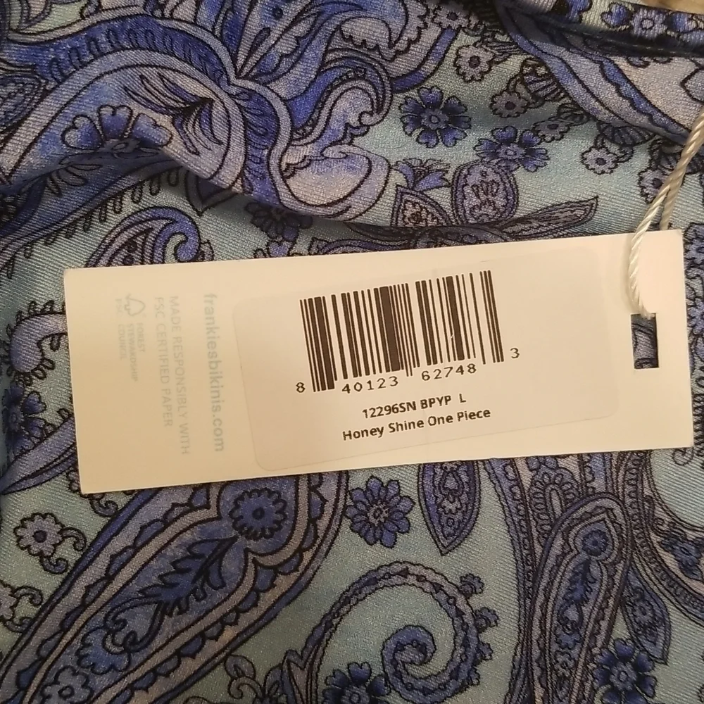 💕FRANKIE'S💕 Honey One Shoulder Cheeky Swimsuit ~ Blue Paisley L Large NWT